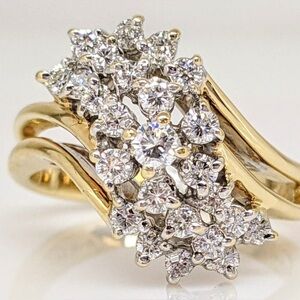 Vintage Waterfall Rhinestone Cluster Cocktail Ring 18K Gold Plate Size 61/4